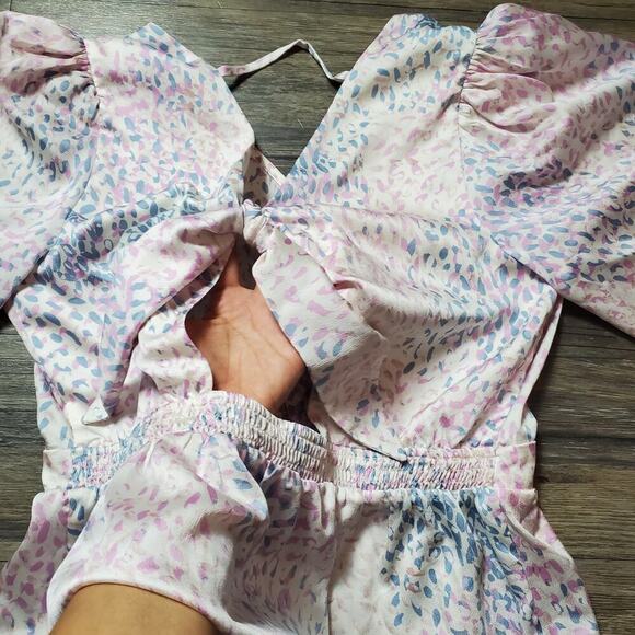 Express Women Chiffon Pastel Balloon Sleeves Wrap Babydoll Top Size Large Whimsy - Picture 7 of 10